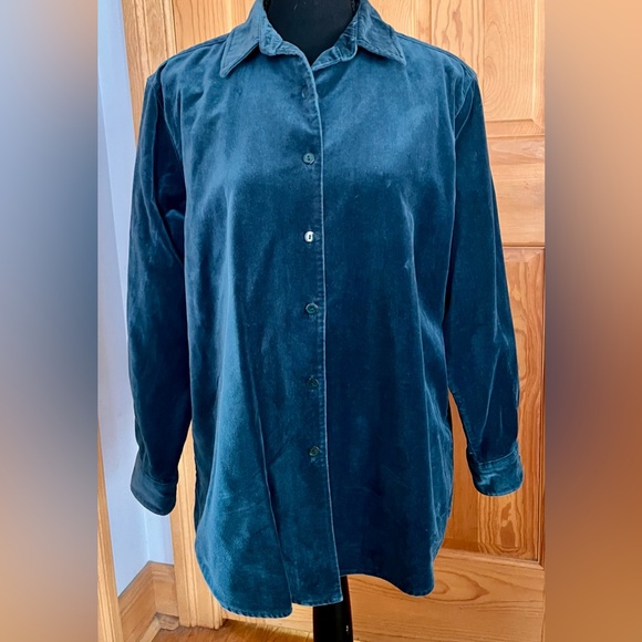 LL Bean Women's Teal Button Front Velvet Soft Cotton SZ M Blouse Top Shirt Cozy - Picture 9 of 17